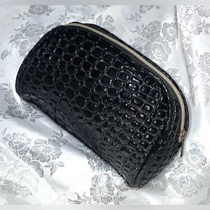 Macy's Black Faux Patent Leather Reptile Beauty Makeup Cosmetic Bag Case